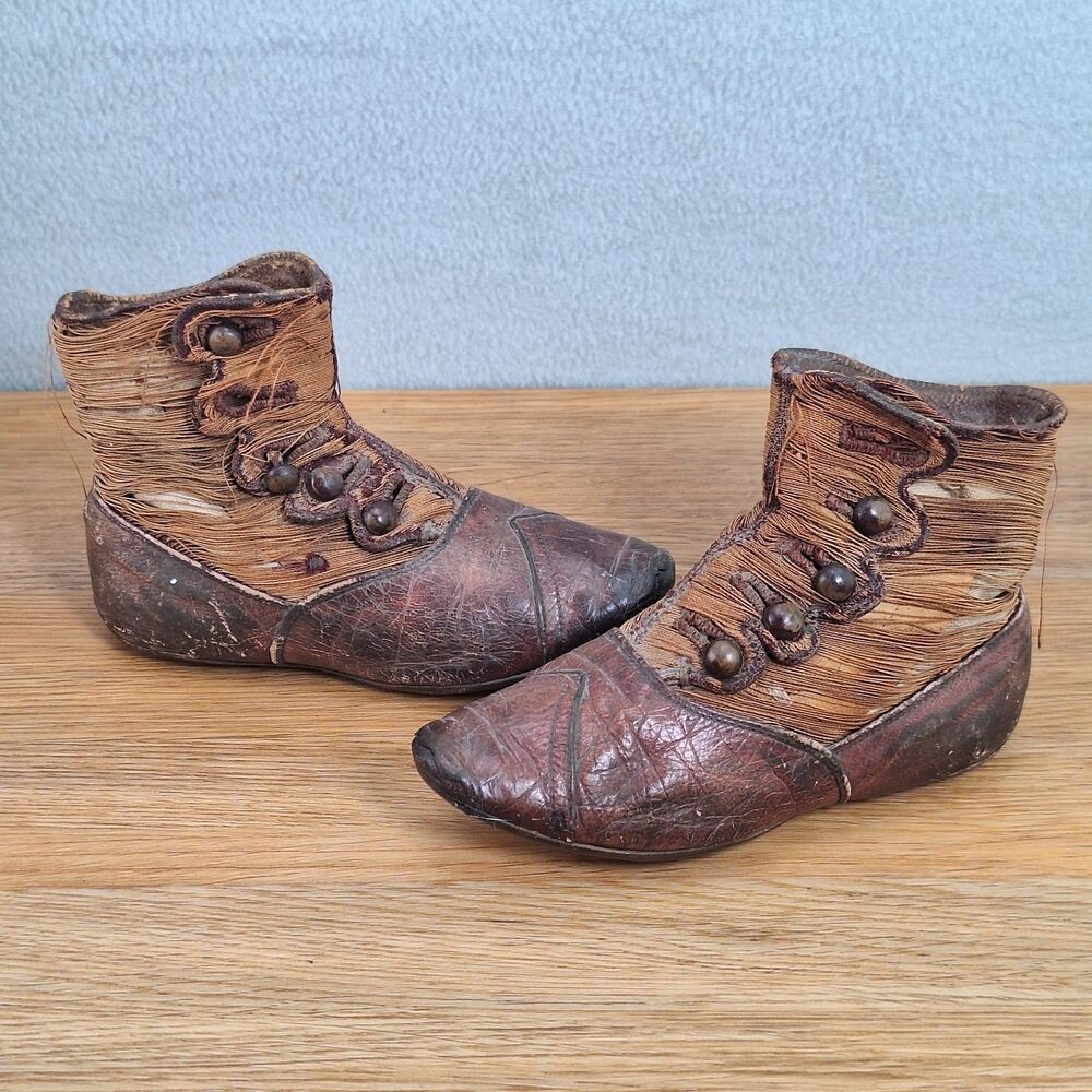 Antique Victorian Baby Boots High-Top Button Brown Leather Textile Pair Vintage